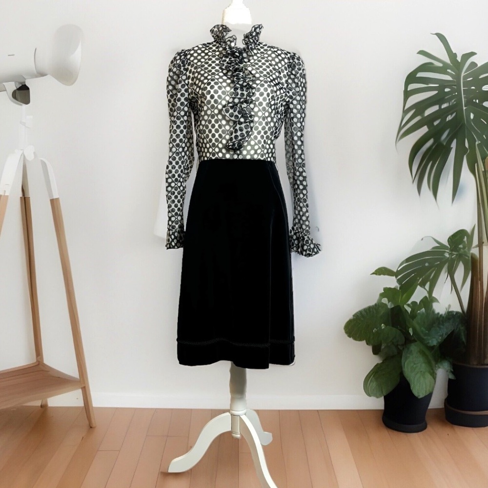 Peter Barron of London Vintage 60’s Dress Ruffled Polkadot Top Velour Skirt